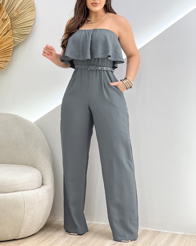 Bandeau Sleeveless Ruffles Jumpsuit with Belt Casual Waist Pocket Design Loose Fit Romper