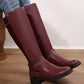 Burgundy Side Zipper Knee High Chunky Low Heel Boots