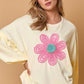 Beige Tinsel Flower Dropped Puff Sleeve Sweatshirt