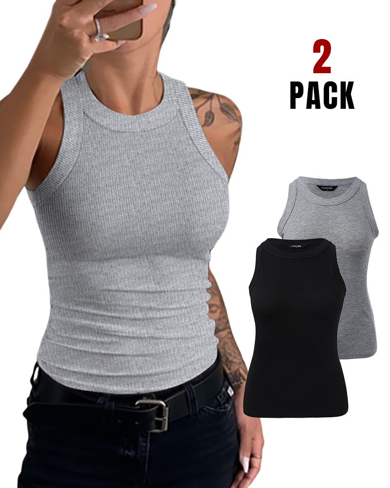 2 Pack Round Neck Thick Strap Racerback Ribbed Tank Slim Fit Tops without Bra Pads