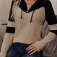 Parchment Textured Colorblock Long Sleeve Quarter Zip Drawstring Hooded Top