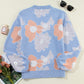 Beau Blue Floral O Neck Drop Shoulder Knitted Sweater