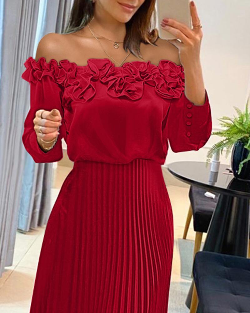 Off Shoulder Frill Hem Pleated Midi Dress