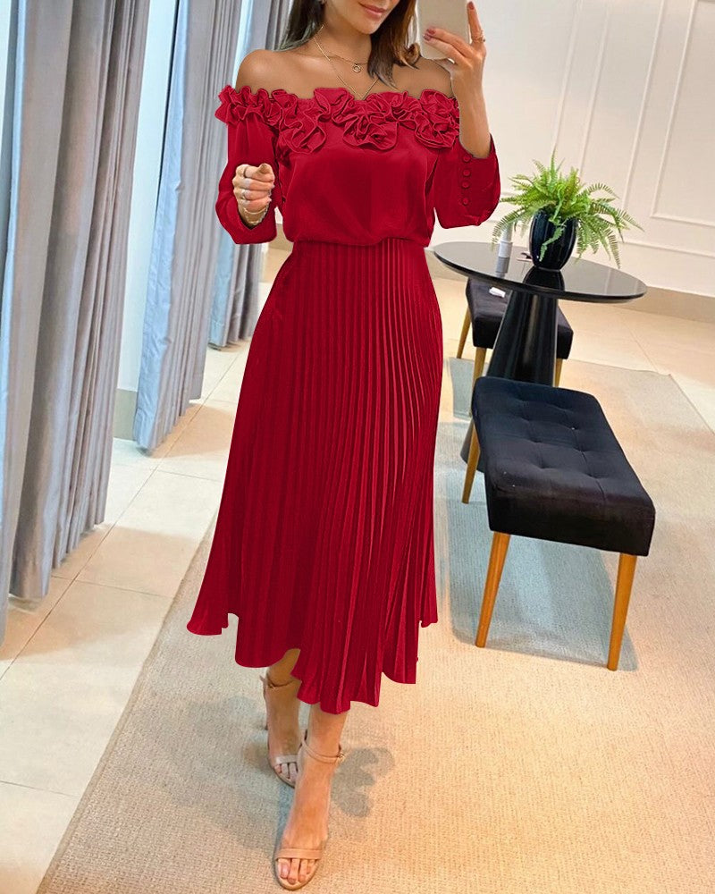 Off Shoulder Frill Hem Pleated Midi Dress