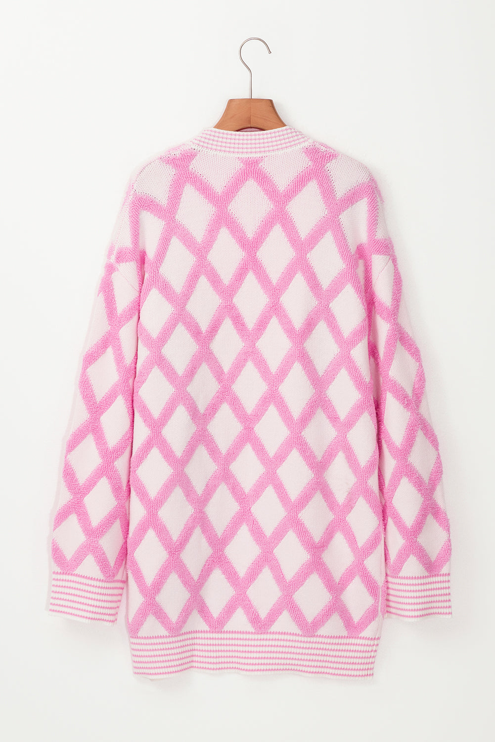 Pink Rhombus Pattern Knit Open Front Pocketed Cardigans