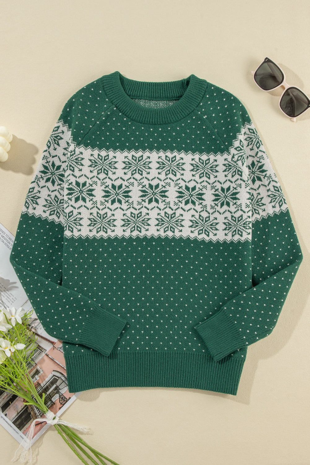 Green Christmas Snowflake Dotted Print Round Neck Sweater