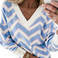 Sky Blue Zigzag Striped Print V Neck Oversized Top