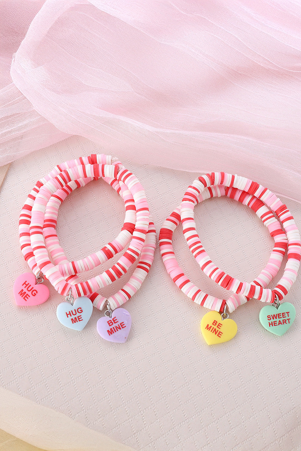 Pink Heart Shape Charm Beaded Multi Layer Bracelet Set