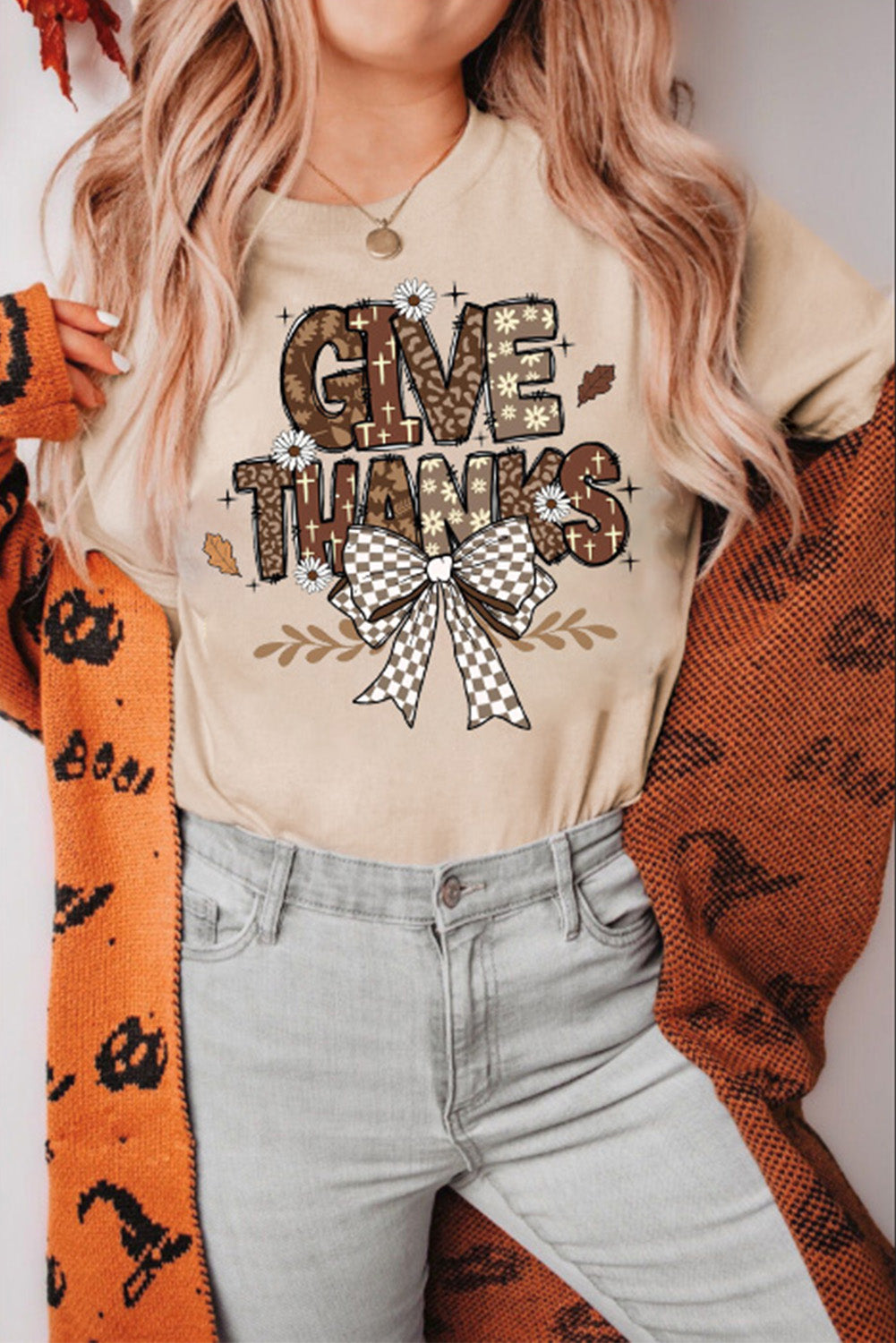 Khaki GIVE THANKS Bowknot Printed Crewneck T Shirt