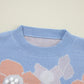 Beau Blue Floral O Neck Drop Shoulder Knitted Sweater