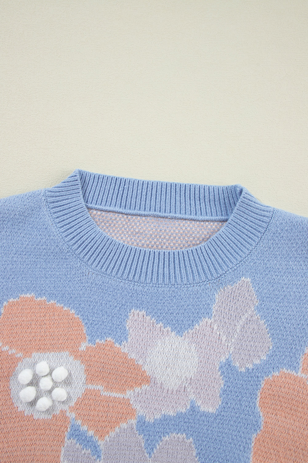 Beau Blue Floral O Neck Drop Shoulder Knitted Sweater