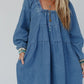 Dusk Blue Square Neck Side Pockets Loose Fit Denim Mini Dress