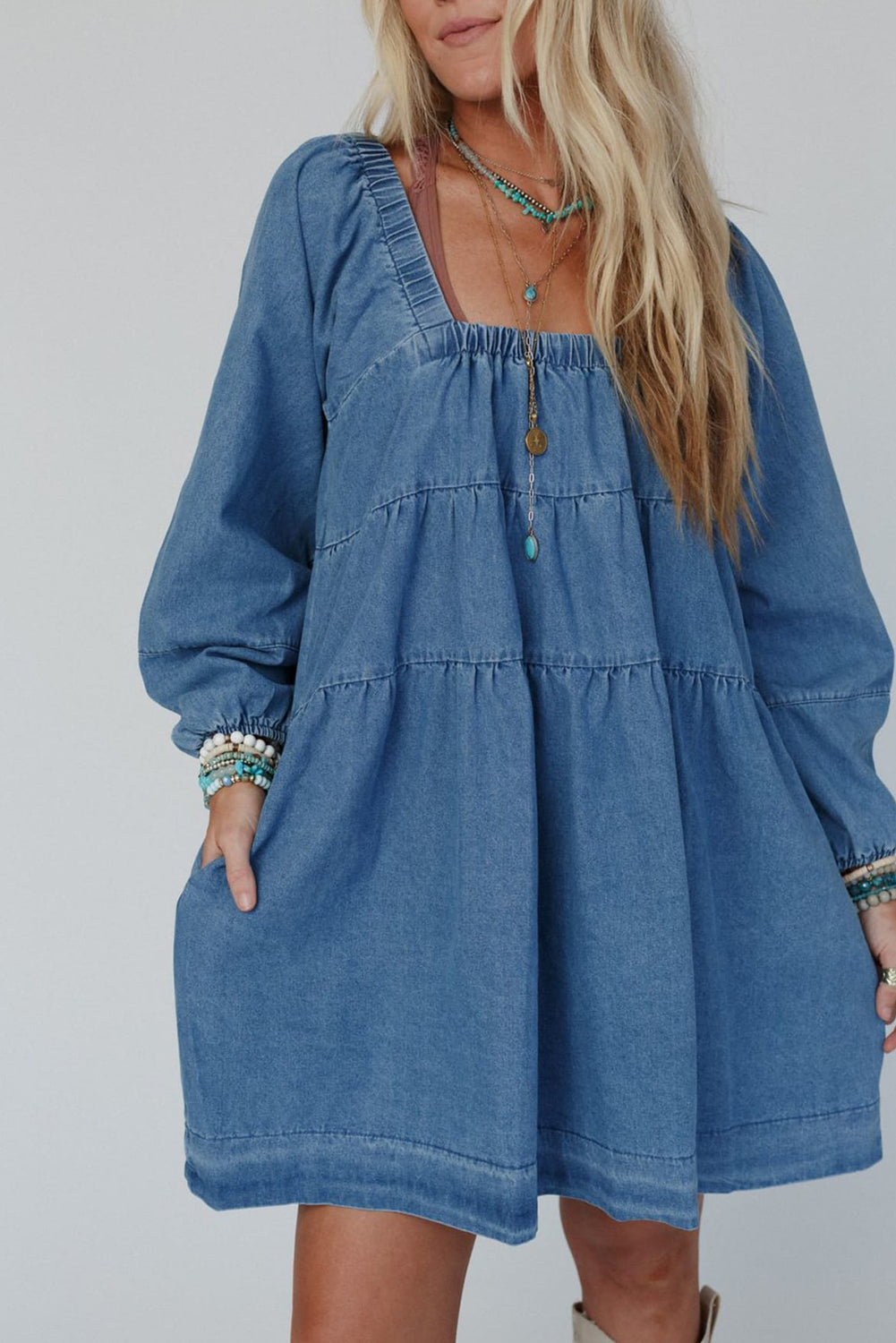 Dusk Blue Square Neck Side Pockets Loose Fit Denim Mini Dress