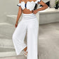 Scallop Trim Off Shoulder Top & Striped Wide Leg Pants Set