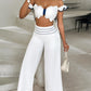 Scallop Trim Off Shoulder Top & Striped Wide Leg Pants Set