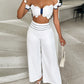 Scallop Trim Off Shoulder Top & Striped Wide Leg Pants Set