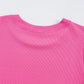 Bright Pink Ribbed Pearl Beaded Puff Sleeve Top