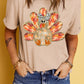 Khaki Thanksgiving Bowknot Turkey Graphic Crewneck Tee