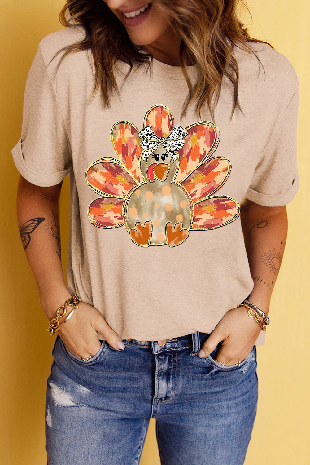 Khaki Thanksgiving Bowknot Turkey Graphic Crewneck Tee