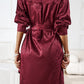 Burgundy Sleek Leopard Long Sleeve Tie Waist Shirt Dress