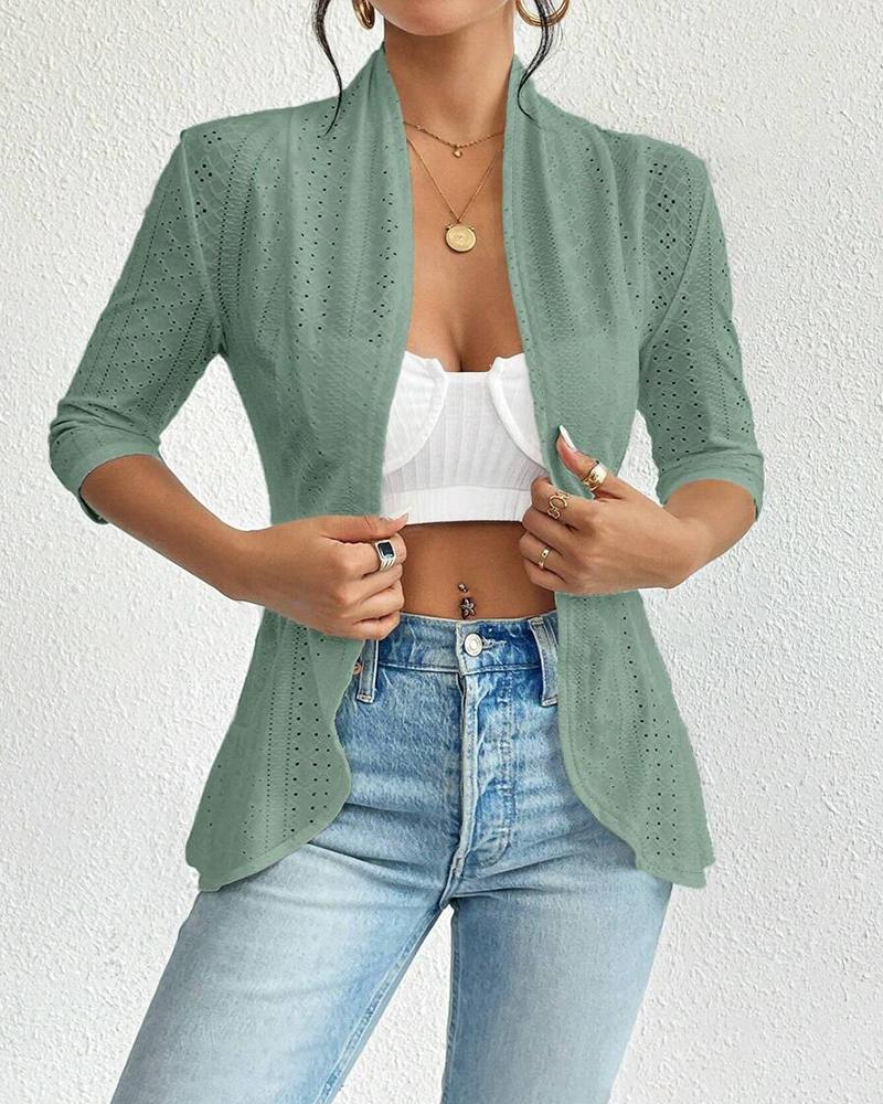 Shawl Collar Hollow out Three Quarter Jacket Cardigan Spring Summer Coat