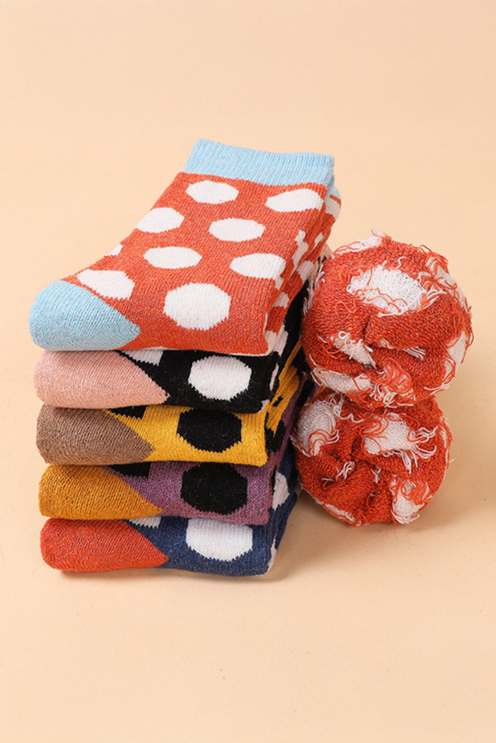 Grapefruit Orange Polka Dot Color Block Thick Soft Crew Socks