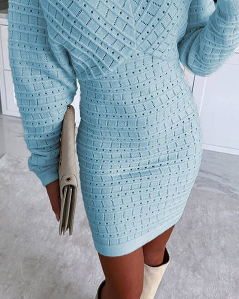 V Neck Hollow Out Long Sleeve Knit Dress