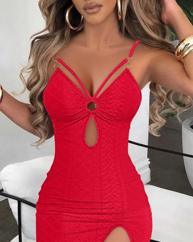 Eyelet Embroidery Side Slit Bodycon Dress