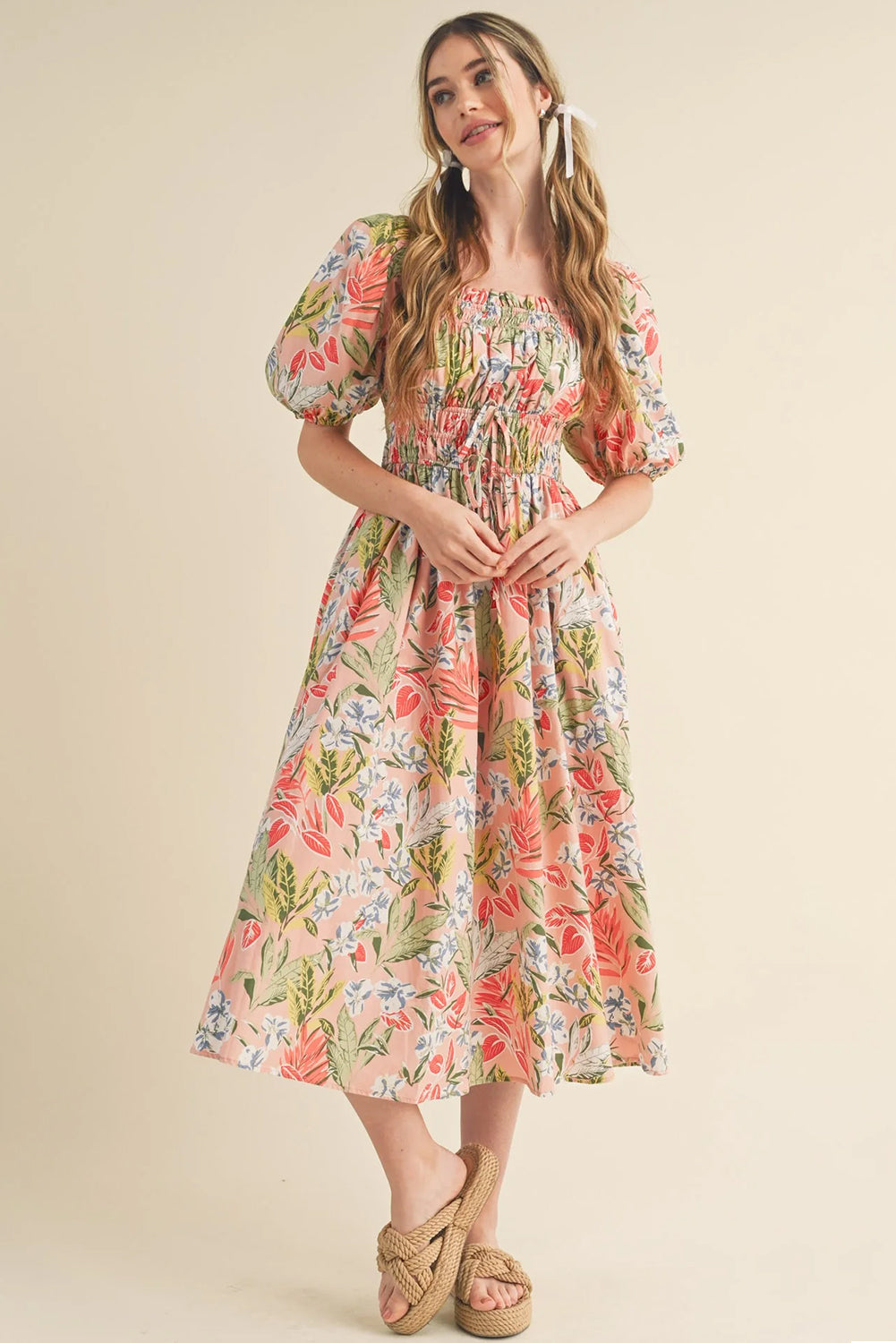 Apricot Pink Floral Smocked Bust Bubble Short Sleeve Maxi Dress