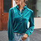 Green Frilled Neck Buttoned Front Velvet Top