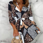 Geometric Leopard Print Shirt Dresses Roll Up Tie Waist BCasual Dress