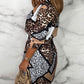 Geometric Leopard Print Shirt Dresses Roll Up Tie Waist BCasual Dress