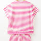 Rose Stripe Crew Neck T Shirt and Drawstring Shorts Set