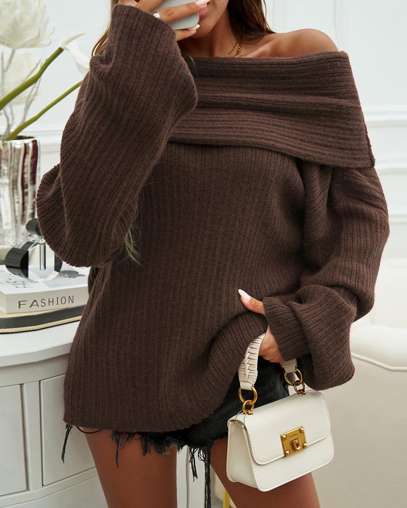 Off Shoulder Long Sleeve Oversized Knit Sweater