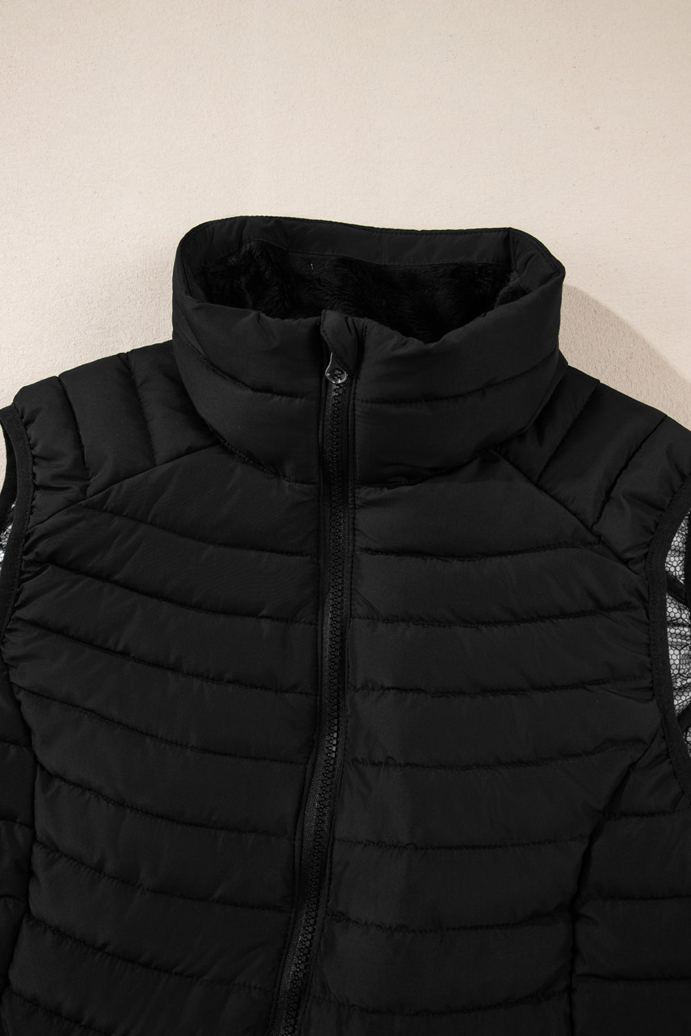 Black Plush Collared Quilted Zipped Puffer Vest