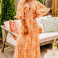 Orange Floral Print Smocked V Neck Wide Sleeve Maxi Dress