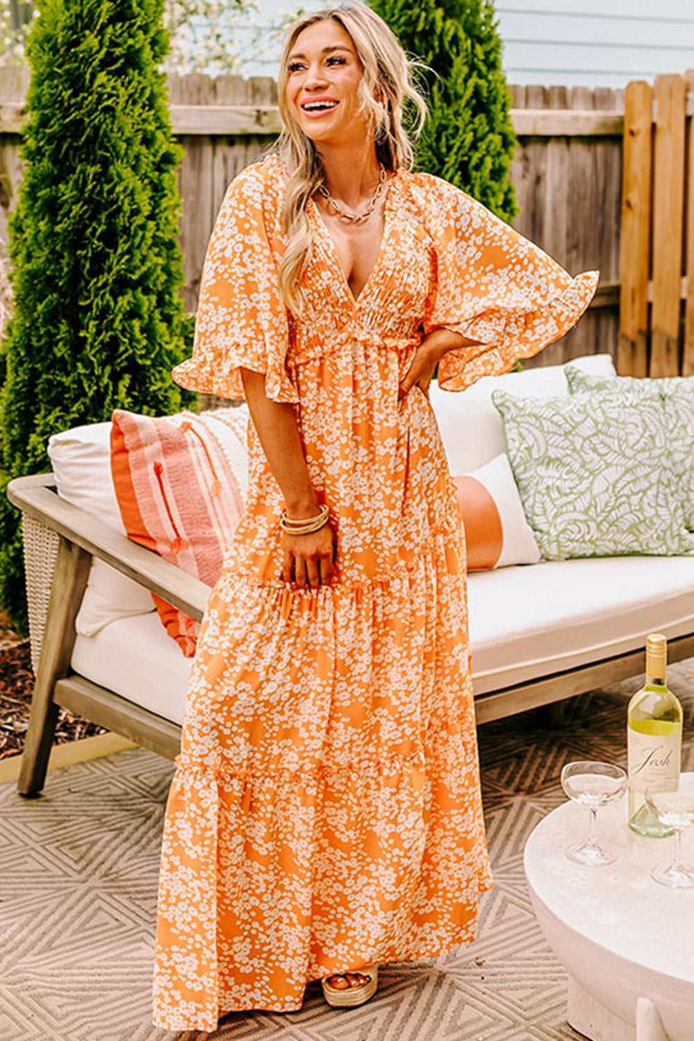 Orange Floral Print Smocked V Neck Wide Sleeve Maxi Dress