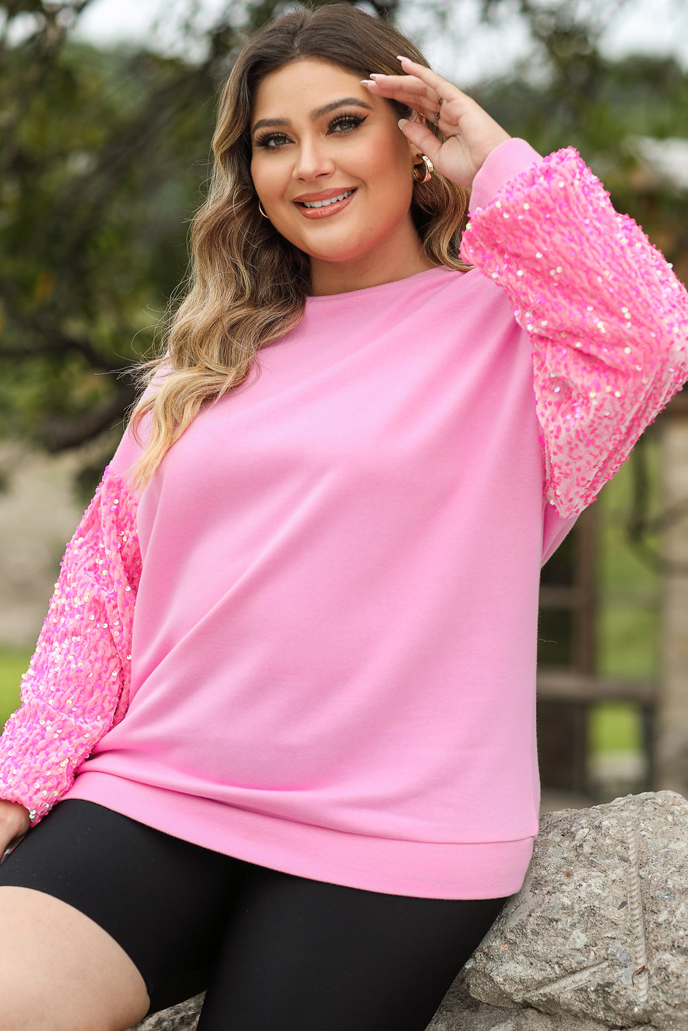 Pink Plus Size Sequin Sleeve Drop Shoulder Sweatshirt