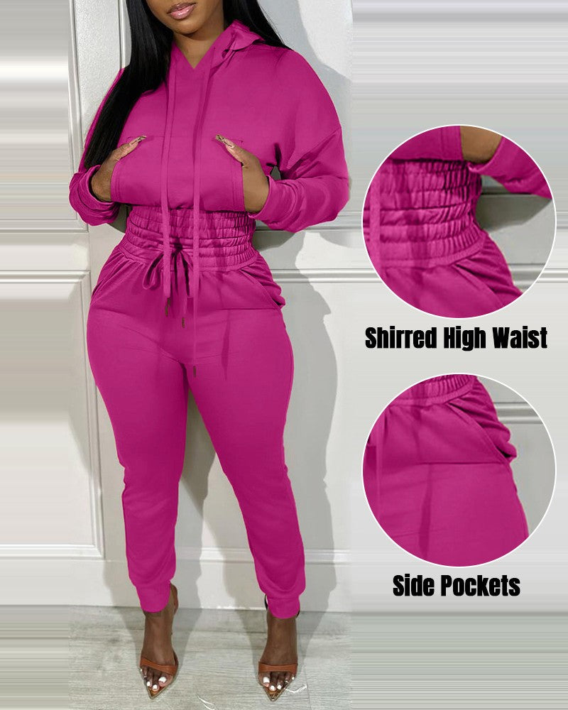 Shirred Pocket Design Crop Hoodie & High Waist Cuffed Sweatpants Set