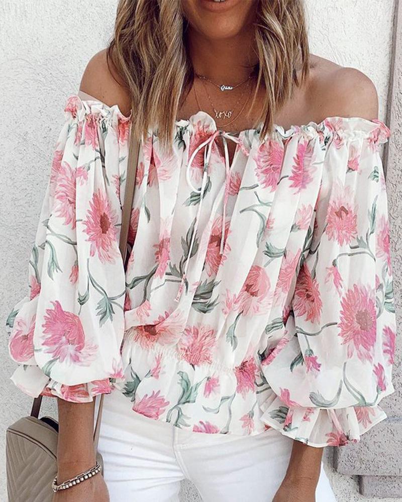 Off Shoulder Floral Print Lantern Sleeve Top