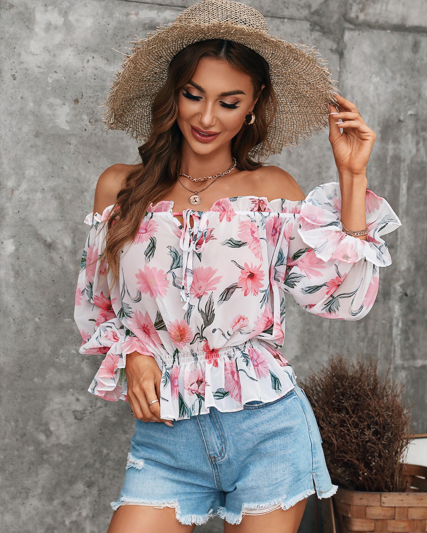 Off Shoulder Floral Print Lantern Sleeve Top