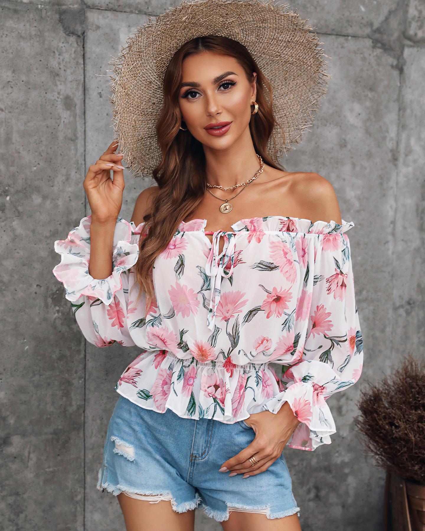 Off Shoulder Floral Print Lantern Sleeve Top