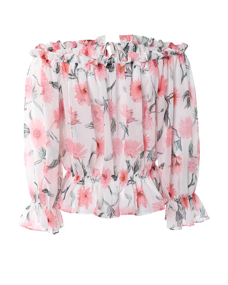 Off Shoulder Floral Print Lantern Sleeve Top