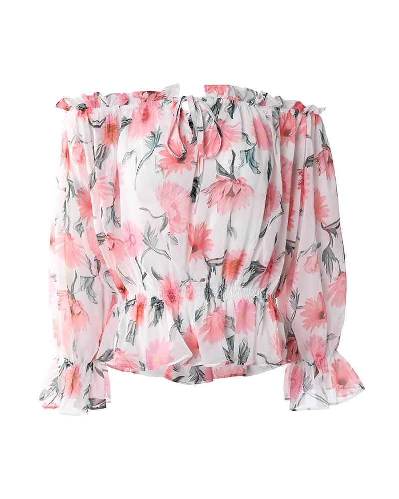 Off Shoulder Floral Print Lantern Sleeve Top