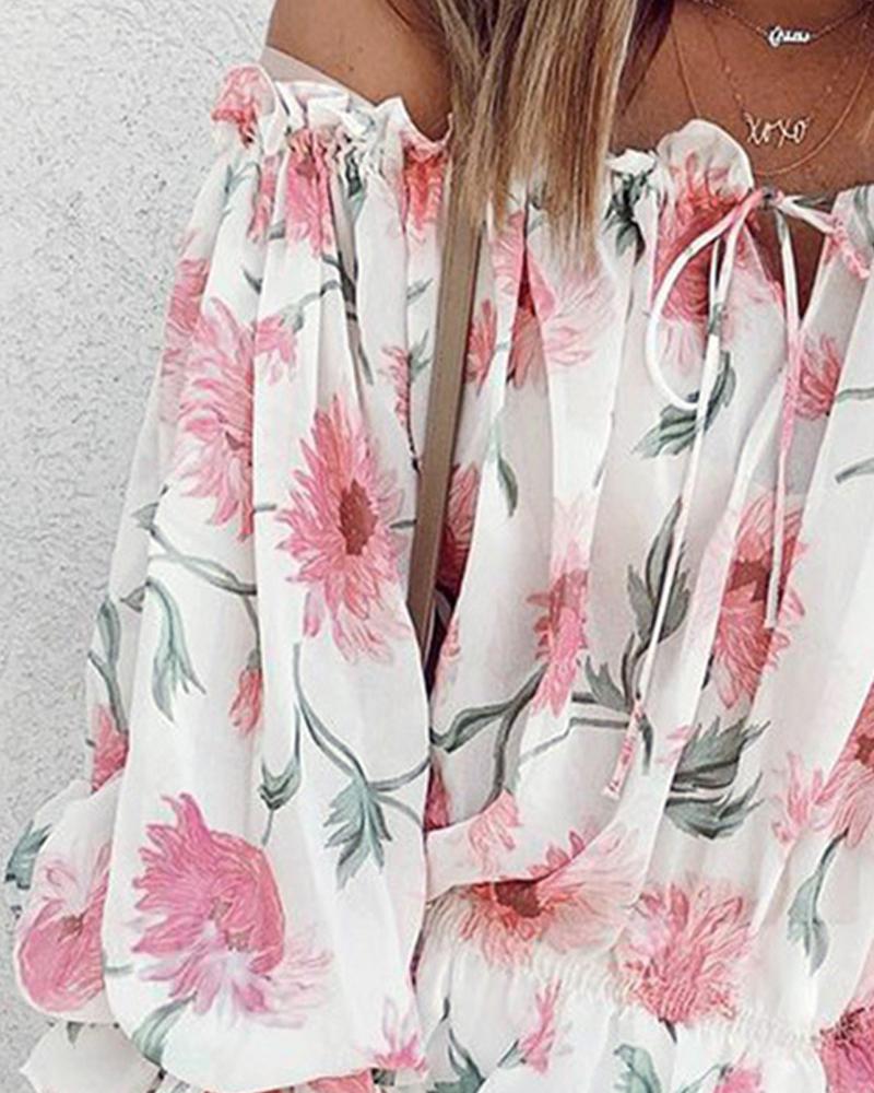 Off Shoulder Floral Print Lantern Sleeve Top