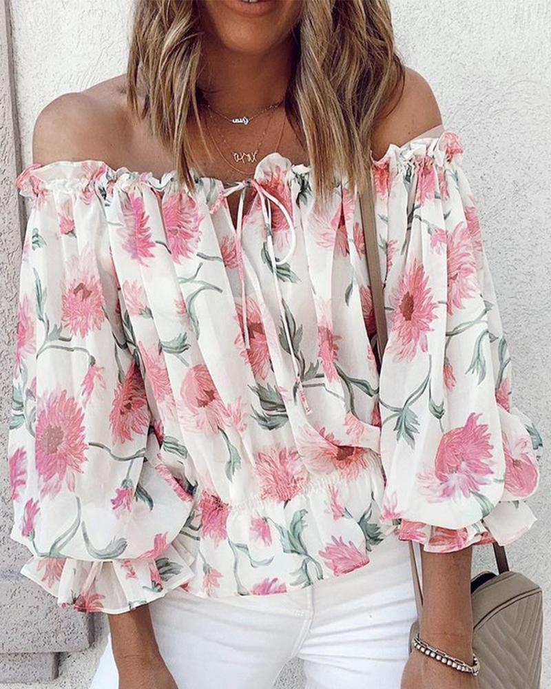 Off Shoulder Floral Print Lantern Sleeve Top