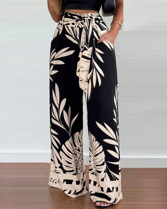 Tropical Print Tied Detail Pocket Design Pants