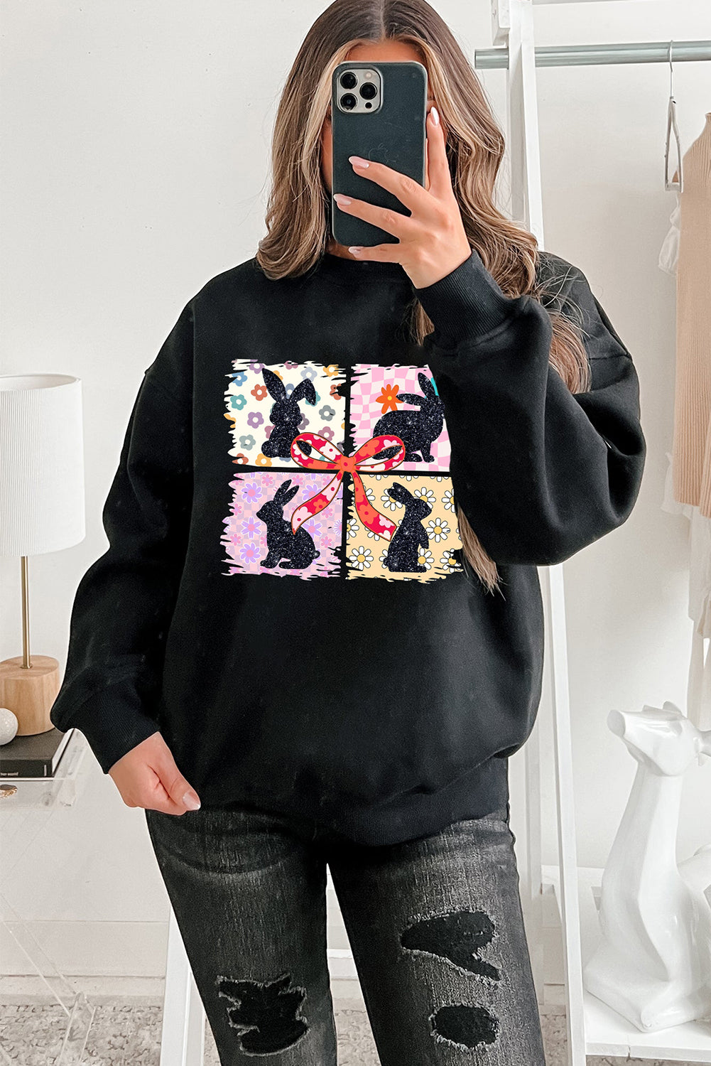 Black Floral Bunny Plaid Bow Graphic Easter Fashion Sweatshirt