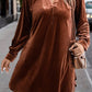 Coffee Plus Size V Neck Collared Pleated Back Rounded Hem Velvet Dress