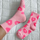 Light Pink Heart Print Ribbed Trim Soft Crew Socks